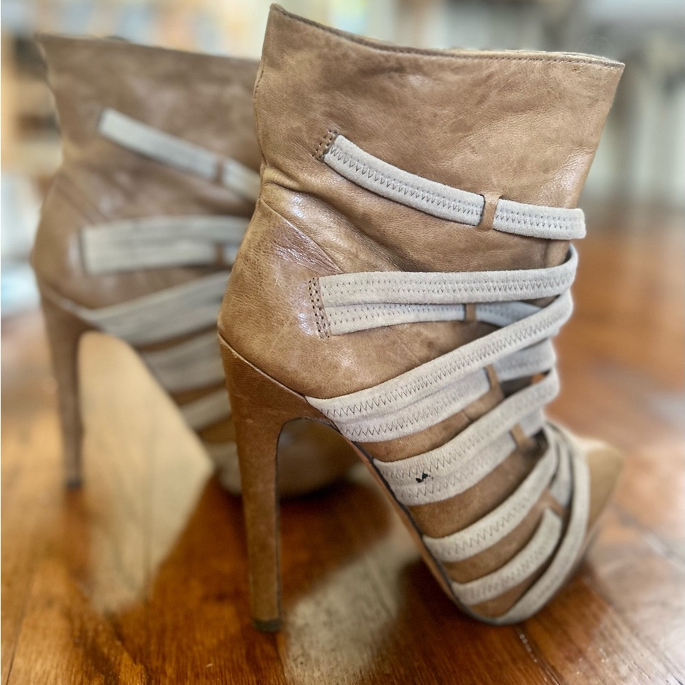 L.A.M.B. Tan Leather Stiletto Heeled Bootie